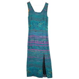 Vintage Carole Little Maxi Dress Size 6 Green Pink Tribal Print Lined